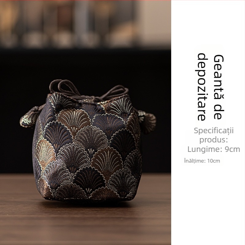 Geantă cilindrică din țesătură pentru depozitarea unei căni de ceai, cu șnur – accesoriu multifuncțional pentru ceremonia ceaiului, modelul 2024082902, stil național