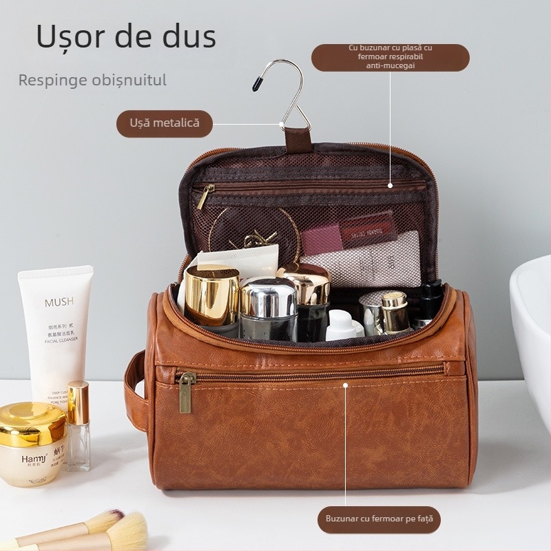 Geantă de toalete cu design atârnat, formă cub, material PU, multifuncțională, pentru călătorii