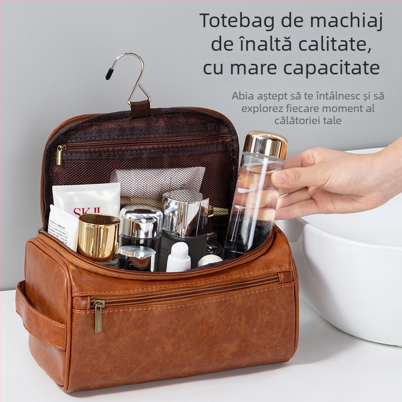 Geantă de toalete cu design atârnat, formă cub, material PU, multifuncțională, pentru călătorii