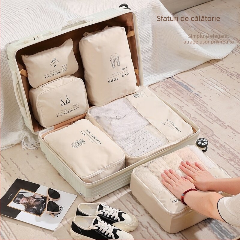 Set de depozitare de călătorie din 6 piese, geantă pentru toalete și haine, extensibilă, material T400 memory cloth, capacitate mare