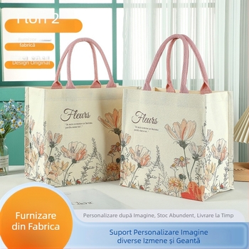 Geantă tote din canvas cu model floral, imprimare laminată, capacitate mare, personalizabilă cu logo, bază și părți