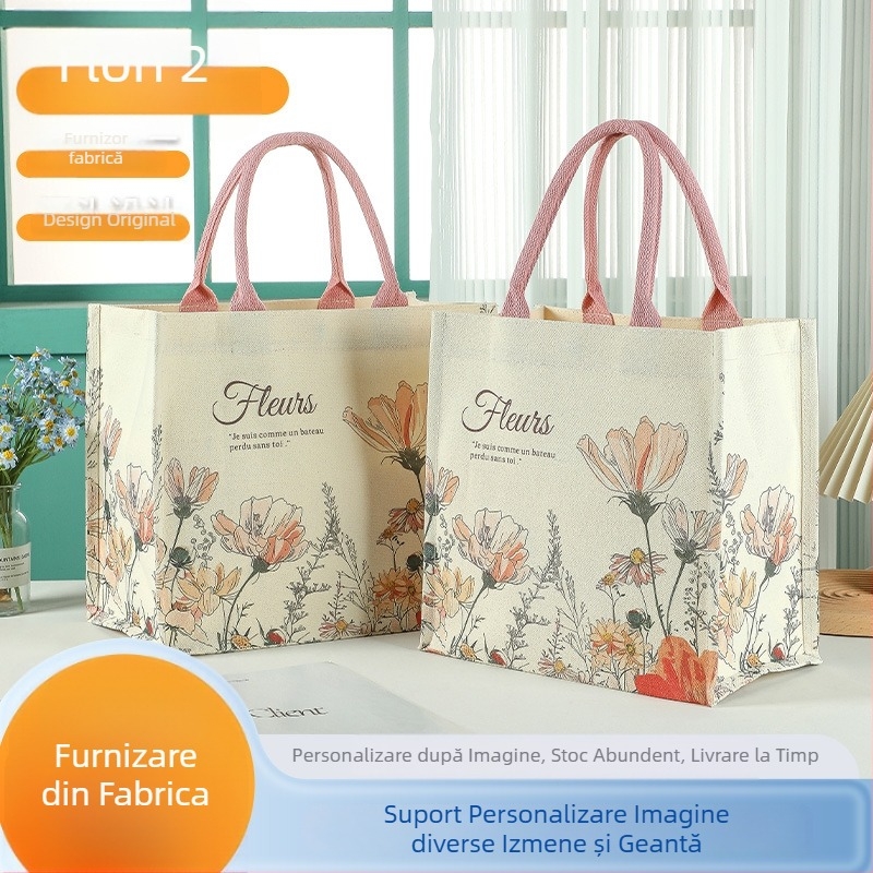 Geantă tote din canvas cu model floral, imprimare laminată, capacitate mare, personalizabilă cu logo, bază și părți