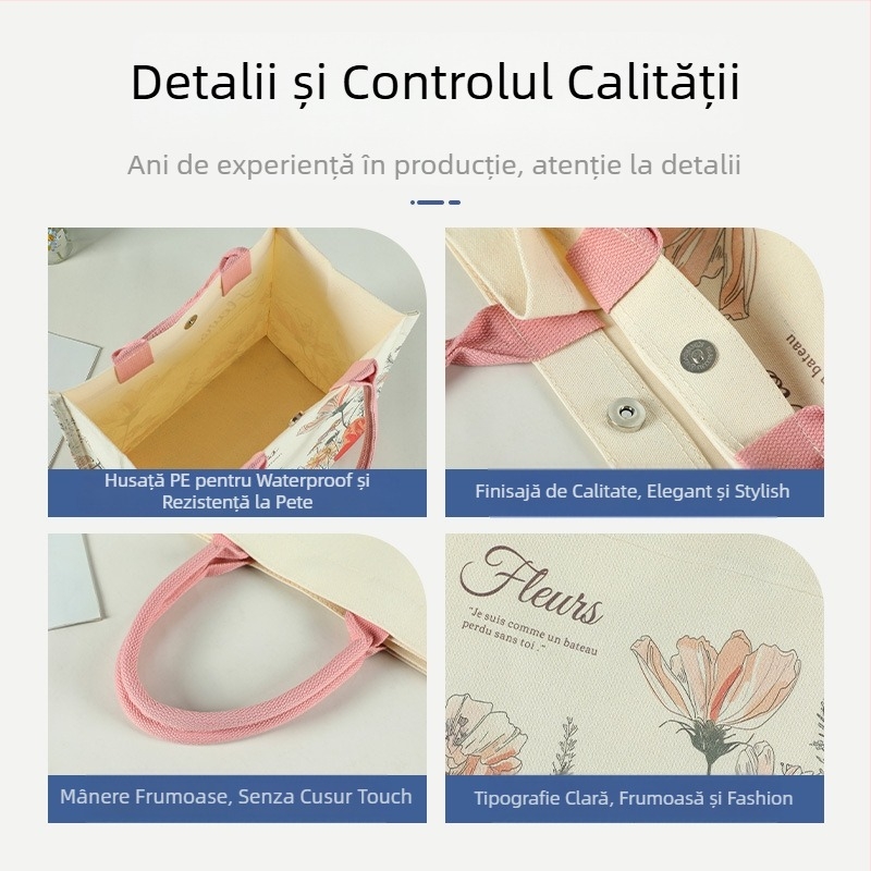 Geantă tote din canvas cu model floral, imprimare laminată, capacitate mare, personalizabilă cu logo, bază și părți