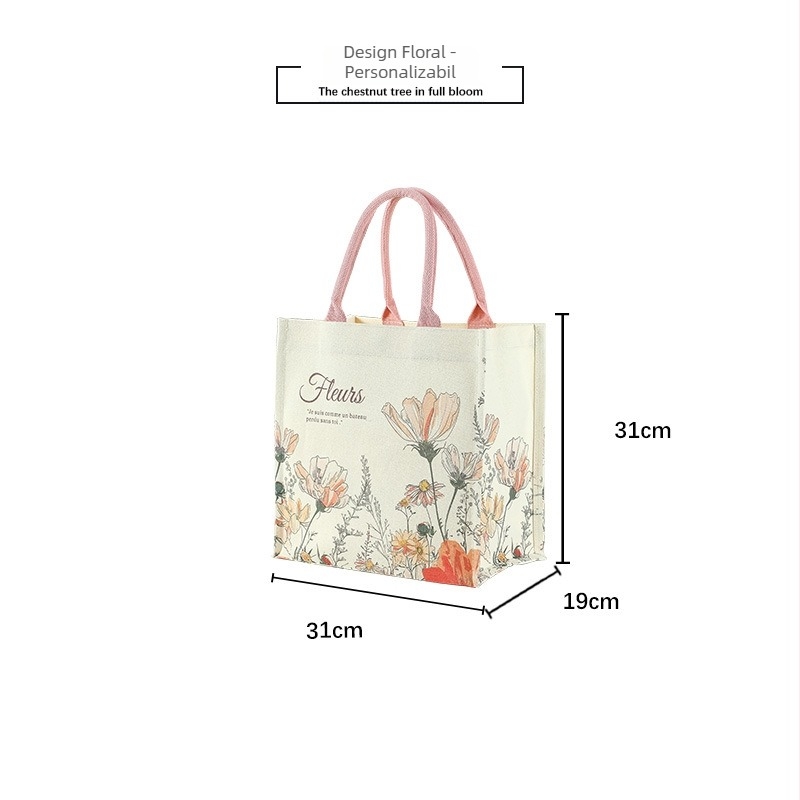 Geantă tote din canvas cu model floral, imprimare laminată, capacitate mare, personalizabilă cu logo, bază și părți