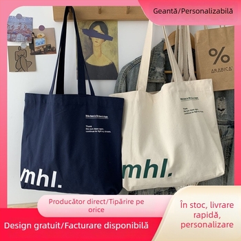 Geantă Tote din pânză, stil urban minimalist, deschidere deschisă, buzunare interne pentru telefon și ID