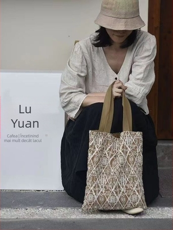 Geantă de umăr din pânză în stil literar-artistic național, formă verticală pătrată, buzunar interior cu fermoar, căptușeală din pânză