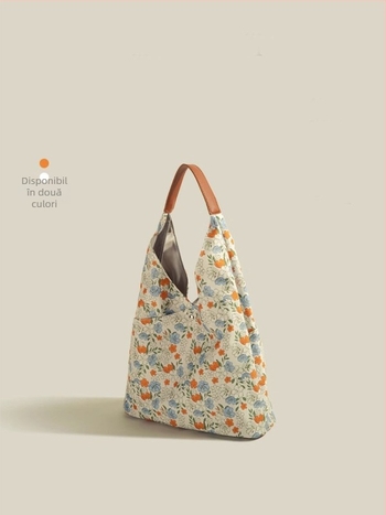 Geantă Tote florală cu capacitate mare – Oxford, formă vertical pătrată, fermuar, buzunar interior cu fermuar tip sandwich, exterior tridimensional, Primăvara 2024