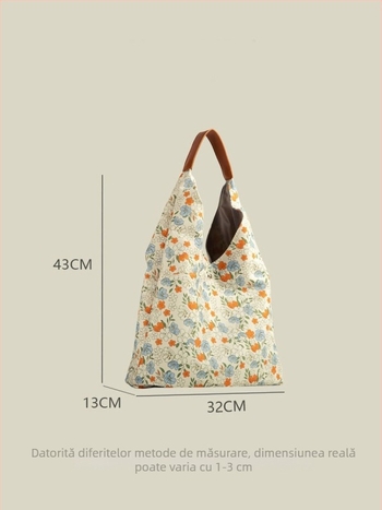 Geantă Tote florală cu capacitate mare – Oxford, formă vertical pătrată, fermuar, buzunar interior cu fermuar tip sandwich, exterior tridimensional, Primăvara 2024