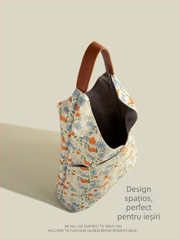 Geantă Tote florală cu capacitate mare – Oxford, formă vertical pătrată, fermuar, buzunar interior cu fermuar tip sandwich, exterior tridimensional, Primăvara 2024