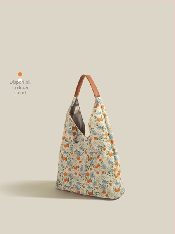 Geantă Tote florală cu capacitate mare – Oxford, formă vertical pătrată, fermuar, buzunar interior cu fermuar tip sandwich, exterior tridimensional, Primăvara 2024