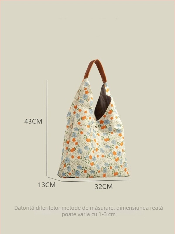 Geantă Tote florală cu capacitate mare – Oxford, formă vertical pătrată, fermuar, buzunar interior cu fermuar tip sandwich, exterior tridimensional, Primăvara 2024