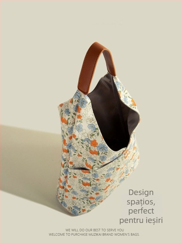 Geantă Tote florală cu capacitate mare – Oxford, formă vertical pătrată, fermuar, buzunar interior cu fermuar tip sandwich, exterior tridimensional, Primăvara 2024