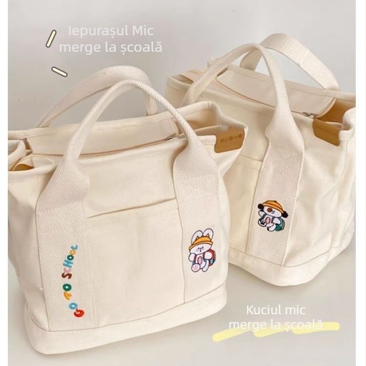 Geantă din pânză, stil neutru, cu fermoar, în formă orizontală pătrată, cu strat interior