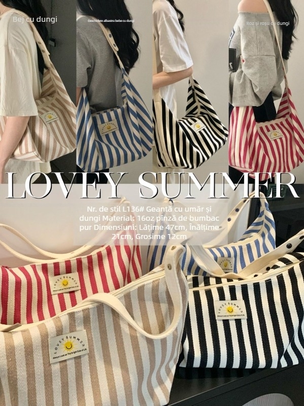 Geantă de umăr în stil Hong Kong, din pânză, capacitate mare, închidere magnetică