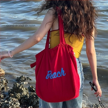 Korilai Geantă de umăr din nailon, cu șnur, tip tote, buzunar cu fermoar, formă orizontală pătrată, bretelele duble