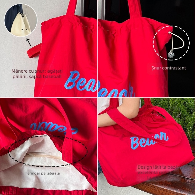 Korilai Geantă de umăr din nailon, cu șnur, tip tote, buzunar cu fermoar, formă orizontală pătrată, bretelele duble