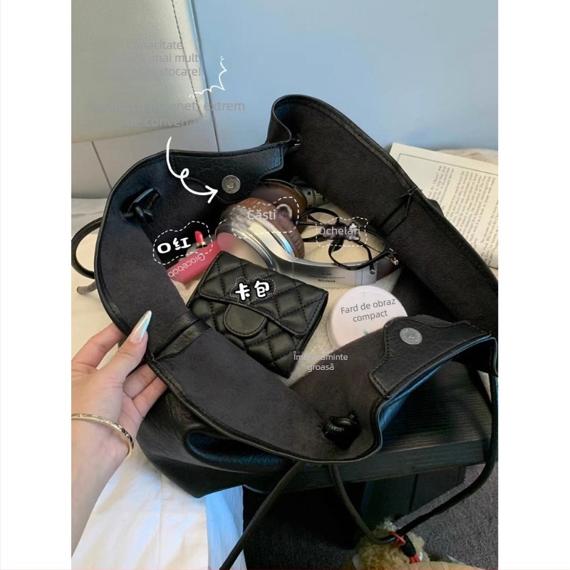 Geantă tote retro pentru femei, din piele PU, formă de găleată, curea de umăr simplă, închidere magnetică, căptușeală poliester