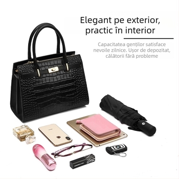 Geantă crossbody pentru femei, din piele naturală cu model crocodil, stil Kelly, închidere cu fermoar, buzunare interioare (buzunar cu fermoar, buzunar pentru telefon, buzunăr pentru laptop), formă orizontal pătrată