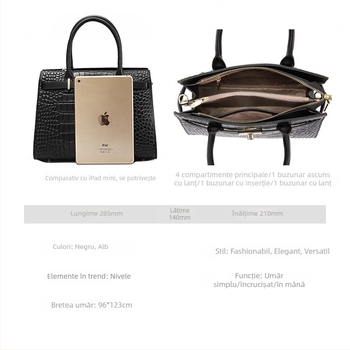 Geantă crossbody pentru femei, din piele naturală cu model crocodil, stil Kelly, închidere cu fermoar, buzunare interioare (buzunar cu fermoar, buzunar pentru telefon, buzunăr pentru laptop), formă orizontal pătrată