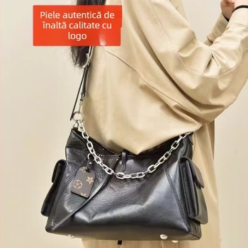 Geantă carryall pentru motocicletă din piele naturală, formă orizontală pătrată cu capac, închidere cu șnur, curele duble pentru umeri, buzunar interior cu fermoar și buzunar pentru act, pentru uz zilnic.