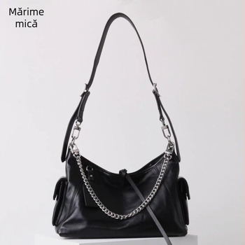 Geantă carryall pentru motocicletă din piele naturală, formă orizontală pătrată cu capac, închidere cu șnur, curele duble pentru umeri, buzunar interior cu fermoar și buzunar pentru act, pentru uz zilnic.