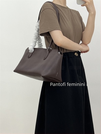 Geantă Tote din piele naturală, stil urban minimalist, formă orizontală pătrată, închidere cu fermoar, buzunar ID în interior