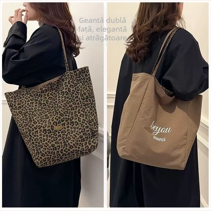 Geantă de femei din material Oxford cu imprimeu leopard — deschidere sus, formă orizontală pătrată, textură moale, buzunar pentru telefon și buzunar intern