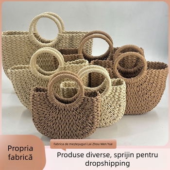 Geantă de paie lucrată manual, formă ovală, buzunar exterior deschis, separator intern