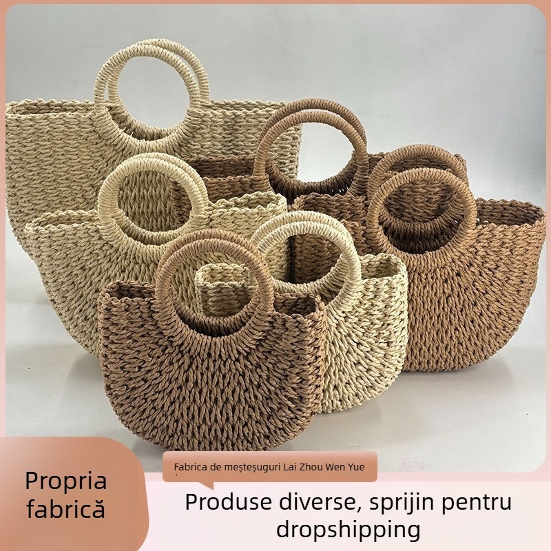 Geantă de paie lucrată manual, formă ovală, buzunar exterior deschis, separator intern