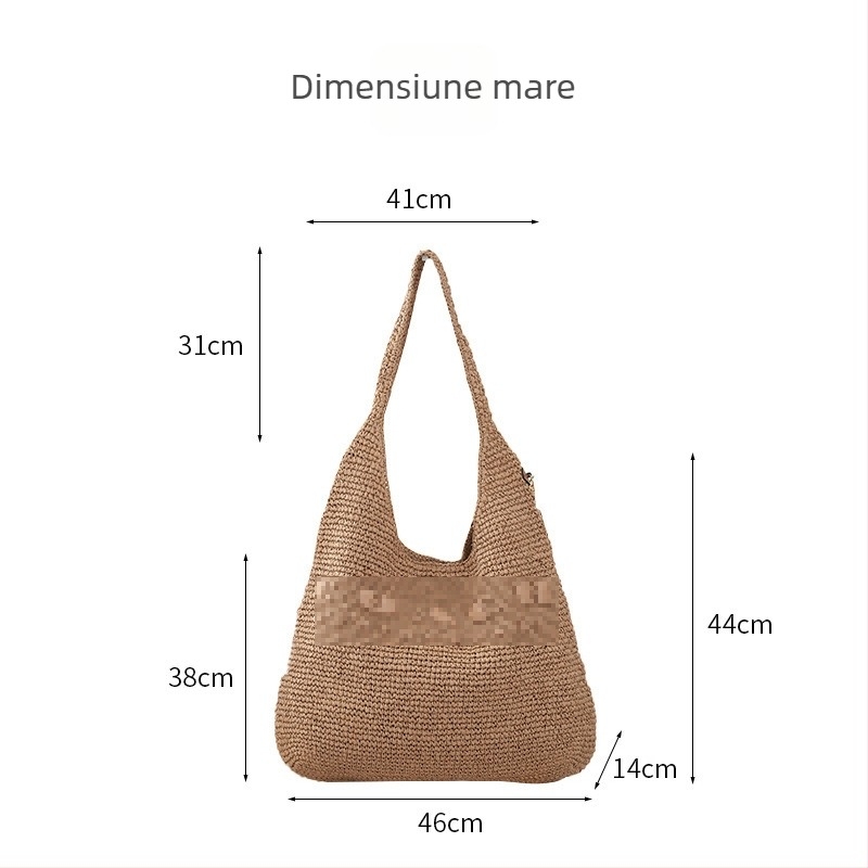 Geantă Tote din paie — formă găleată, închidere magnetică, căptușeală poliester, stil urban, pentru uz zilnic