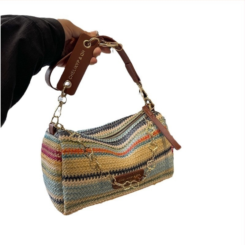 Geantă tip șa din pai, cu model în dungi, stil stradal, formă pătrată orizontală, fermoar