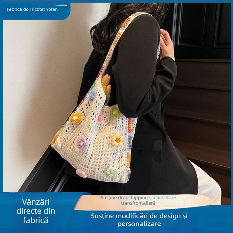 Geantă crossbody boemă — împletită manual, poliester, formă orizontală pătrată, buzunar exterior deschis, stil de călătorie lejer