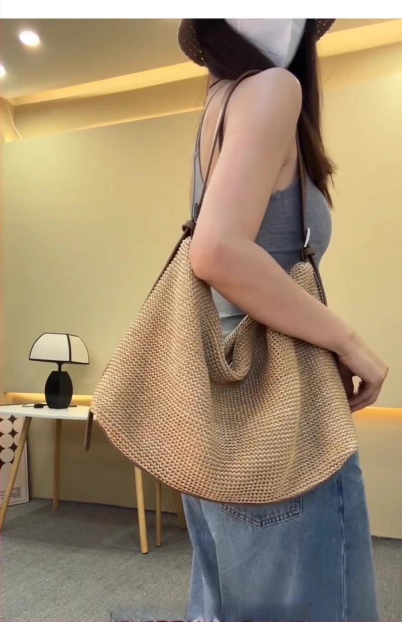 Geantă Tote din paie pentru femei, capacitate mare, închidere cu fermoar, căptușeală poliester, formă orizontală pătrată, primăvara 2025