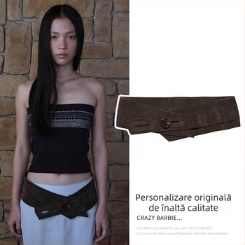 Centură de piele vintage cu nasturi, textură velur, talie în stil coreean