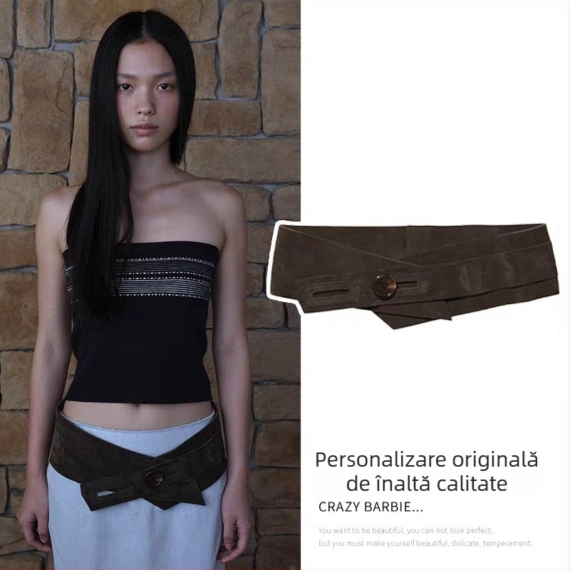 Centură de piele vintage cu nasturi, textură velur, talie în stil coreean
