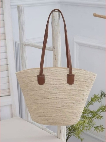 Geantă de umăr din pai Shengkun, stil urban simplu, design pătrat mic, bretele duble, capacitate mare pentru utilizare zilnică