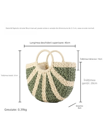 Geantă de mână din sfoară de hârtie, formă rotundă, închidere cu șnur, căptușeală din poliester, bretele duble