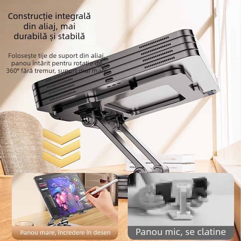 Suport metal pentru tabletă cu rotație de 360°, pliabil, pentru masă, iPhone, iPad și iPod touch
