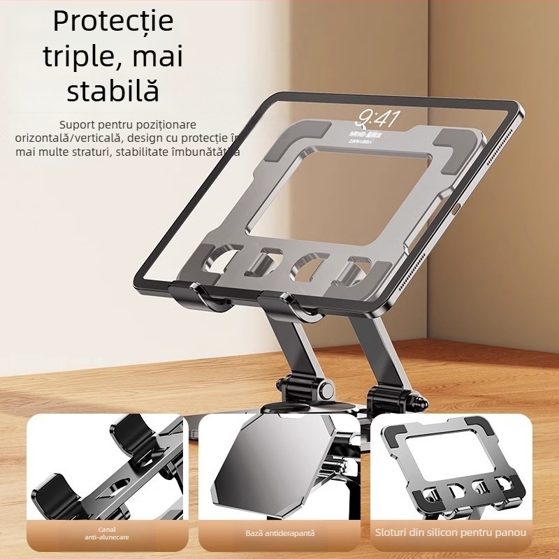 Suport metal pentru tabletă cu rotație de 360°, pliabil, pentru masă, iPhone, iPad și iPod touch