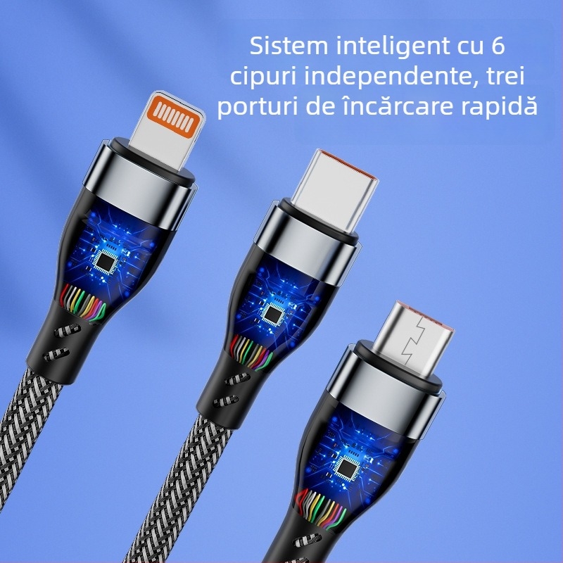Xingkaisheng cablu de încărcare împletit 3-în-1 Lightning, Micro USB și Type-C, încărcare rapidă 100W, material TPE