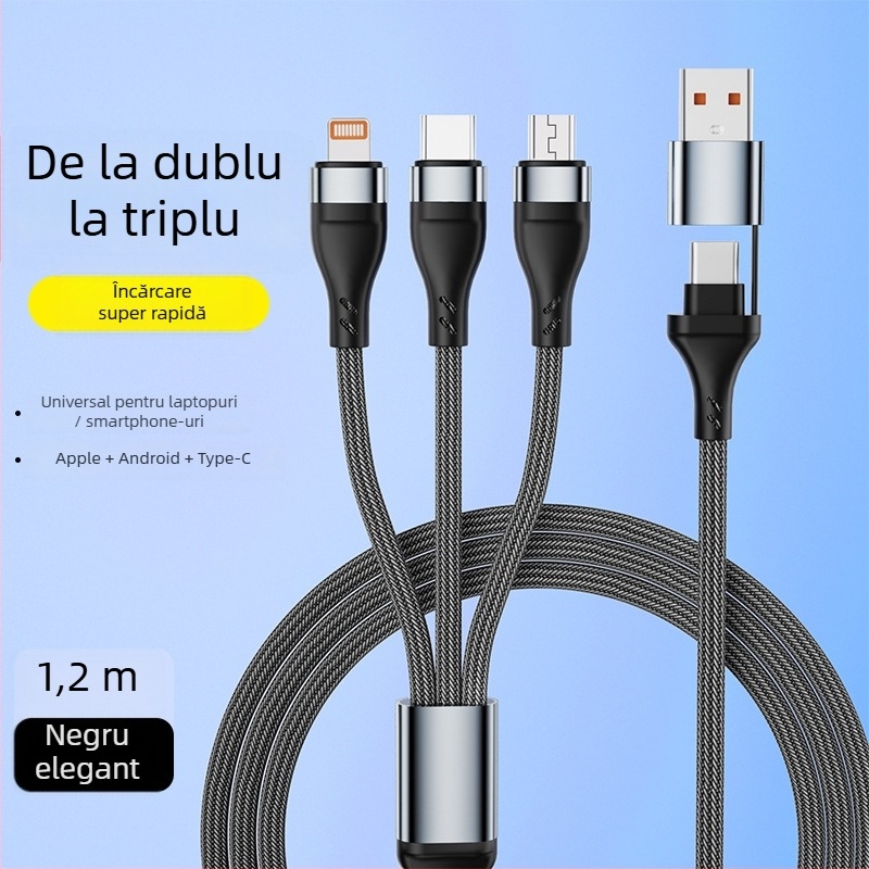Xingkaisheng cablu de încărcare împletit 3-în-1 Lightning, Micro USB și Type-C, încărcare rapidă 100W, material TPE
