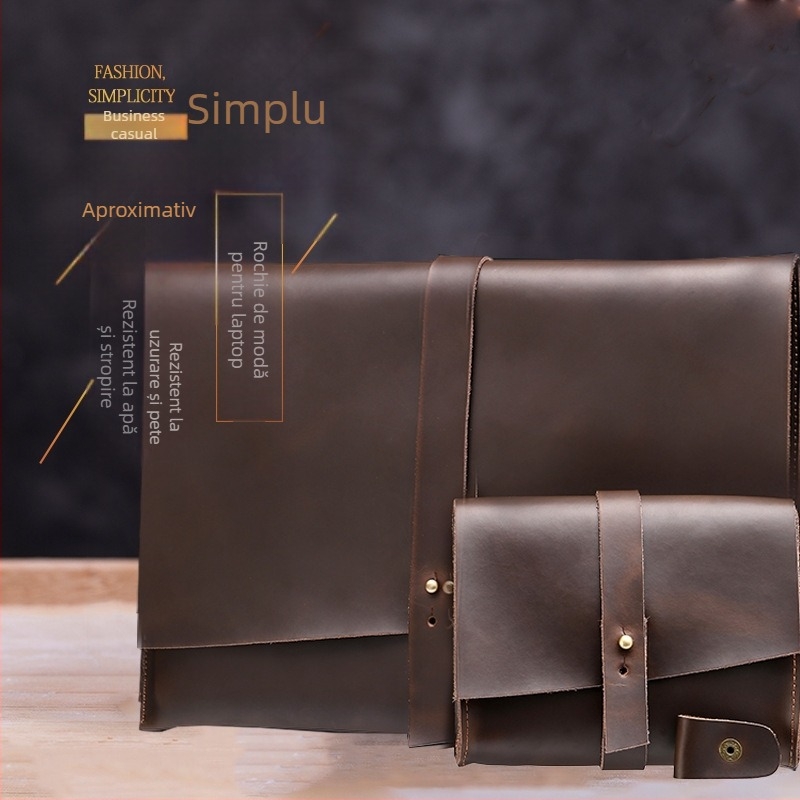 Geantă pentru laptop din piele naturală Gledoya S005, cu căptușeală din piele de vită, impermeabilă și rezistentă la uzură, unisex, compatibilă cu notebook/tabletă/iPad