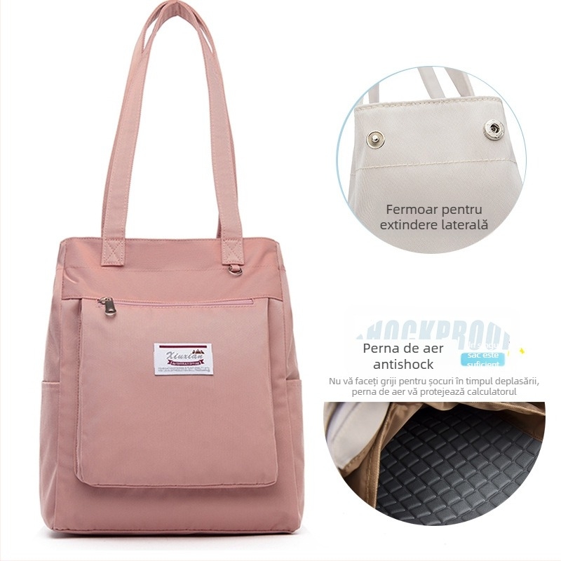 Geantă Tote pentru laptop - nailon, impermeabilă și protecție împotriva șocurilor, buzunar pentru laptop, buzunar pentru telefon, buzunar cu fermoar, căptușeală poliester, curele duble de umăr
