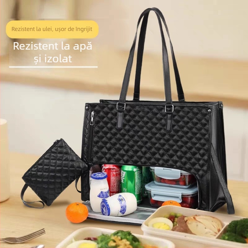 Set 2-in-1 Geantă Tote și Geantă pentru Prânz, Material PU, Rezistent la Uzură, Model Carouri, Căptușeală Poliester, Unisex