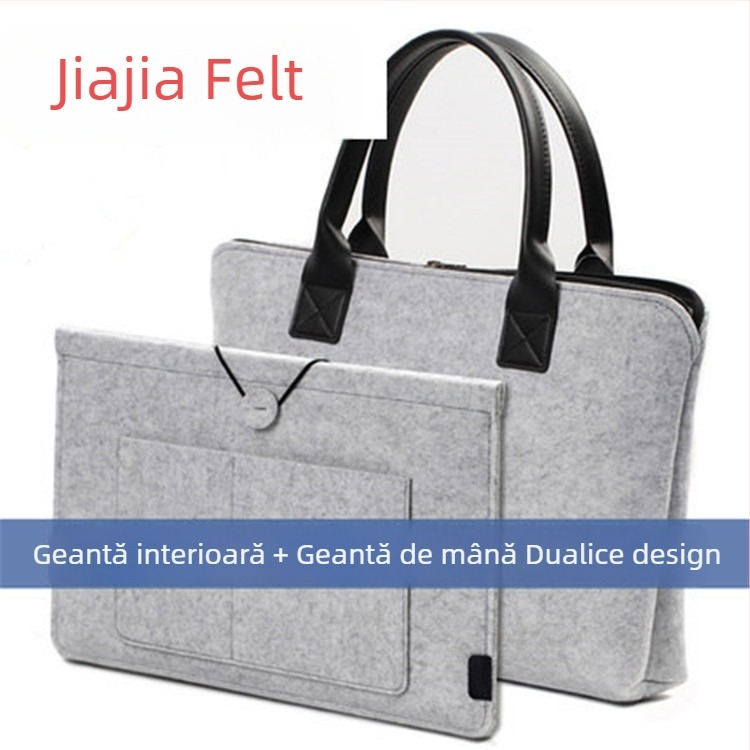 Geantă laptop din fetru cu fermoar, buzunare interne pentru ID și telefon, stil business, geantă de mână cu mâner moale