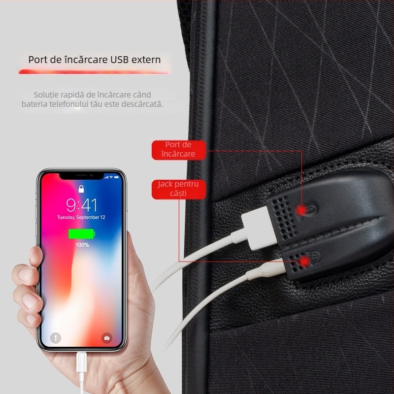 Rucsac cu protecție anti-furt, respirabil, impermeabil, material rezistent la uzură, port USB pentru încărcare; buzunare interioare pentru laptop, tabletă și ID