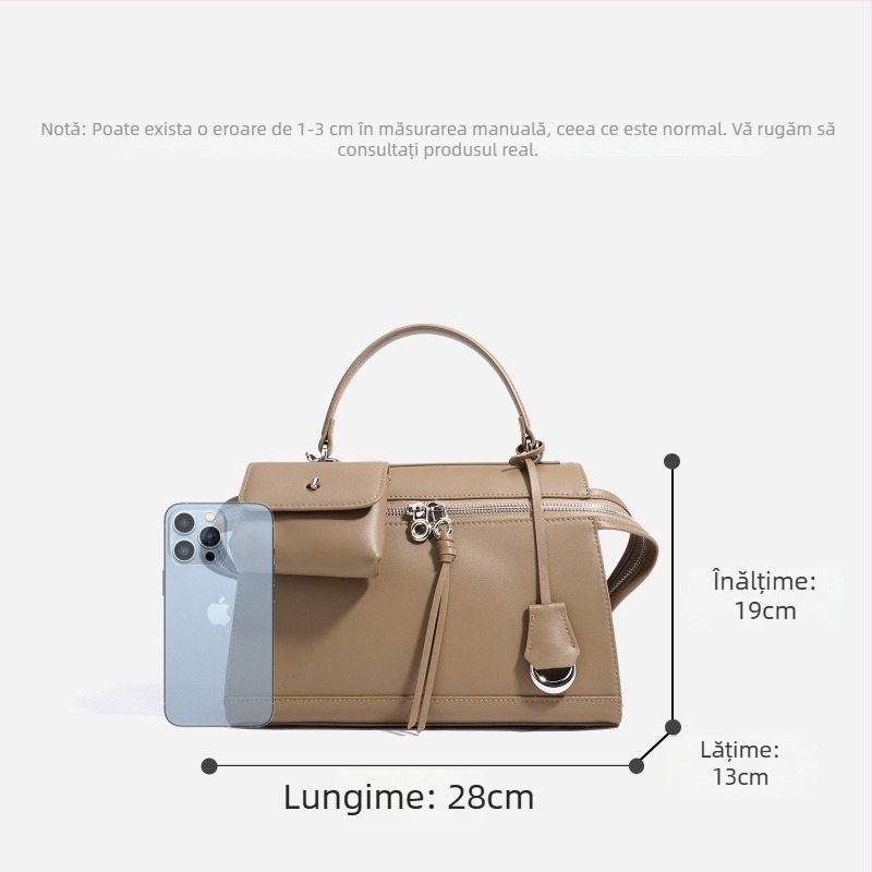 Geantă de documente pentru femei, crossbody — Piele de vițel dublă, închidere cu fermoar, formă orizontală pătrată, buzunar intern cu fermoar și buzunar pentru ID, Minimalism urban