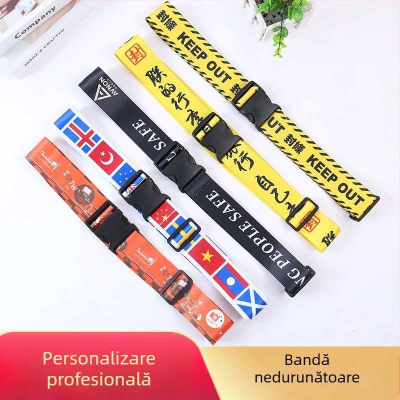 Curea de bagaje imprimată prin transfer termic, portabilă, poliester (Model: litere; Lățime curei: 0.8; Material principal: POM Polyester; Funcții: anti-furt, anti-seism)