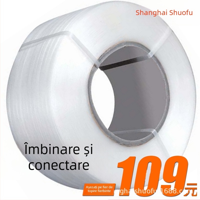 Bandă de ambalare transparentă din PP (grosime 0,8 mm, lățime 5–18 mm, rezistență la tracțiune 100–300 kg, diametru exterior al rolei 400 mm)
