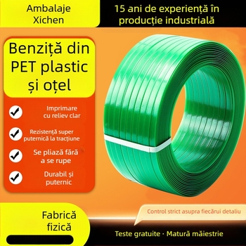 Bandă PET poliester de înaltă rezistență pentru mașini — pentru ambalare carton, lemn și hârtie; tracțiune de 500 kg; role exterior 600 mm, interior 406 mm; greutate 20/50 kg